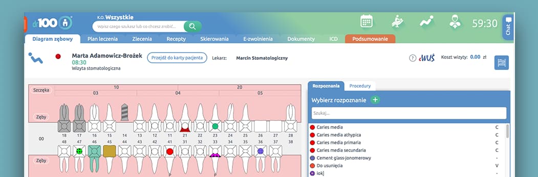 Oryginalny zrzut ekranu aplikacji dr100: diagram zębowy, nawigacja leczenia i panel rozpoznań